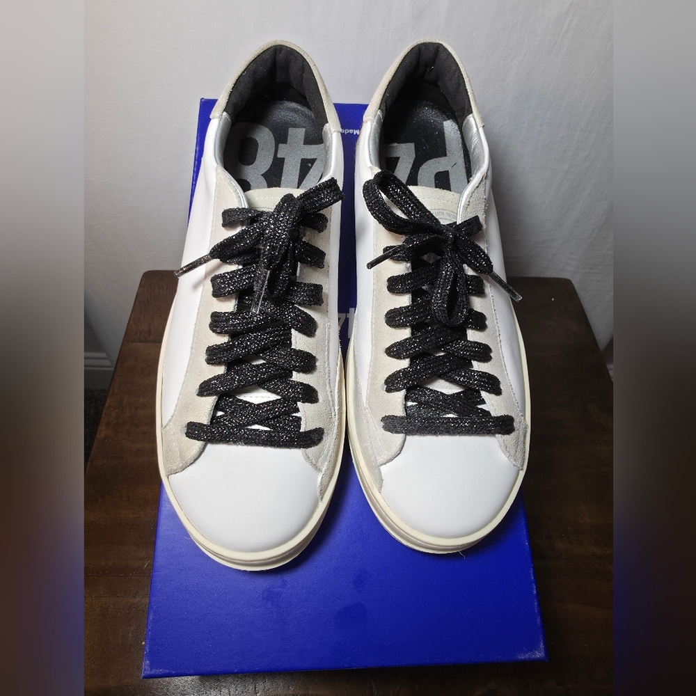 P448 John Italian Leather Luxury Sneakers White/Black Glitter Chic Streetstyle - Picture 2 of 9